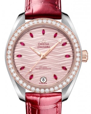 Omega Seamaster Aqua Terra 150M Co-Axial Master Chronometer 34mm Stainless Steel Sedna Gold Diamond Bezel Pink Ruby Hour Dial Alligator Leather Strap 220.28.34.20.60.001 - BRAND NEW