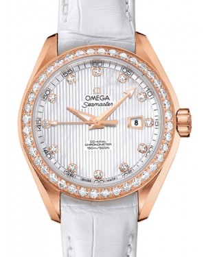 Omega Seamaster Aqua Terra 150M Co-Axial Chronometer 34mm Red Gold Diamond Bezel White Mother of Pearl Dial Diamond Set Index Alligator Leather Strap 231.58.34.20.55.002 - BRAND NEW