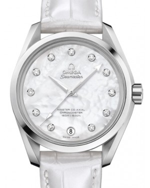 Omega Seamaster Aqua Terra 150M Master Co-Axial Chronometer Ladies 38.5mm Stainless Steel White Mother of Pearl Dial Diamond Index Alligator Leather Strap 231.13.39.21.55.002 - BRAND NEW