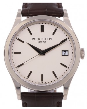 Patek Philippe 5296G-010 Calatrava 38mm White Opaline Index Date White Gold Brown Leather - PRE OWNED