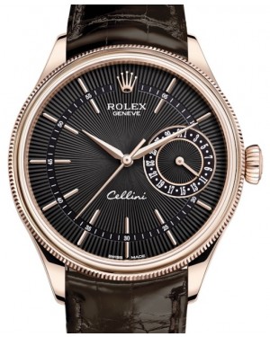 Rolex Cellini Date Rose Gold Black Guilloche Index Dial Domed & Fluted Double Bezel Tobacco Leather Bracelet 50515 - BRAND NEW