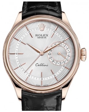 Rolex Cellini Date Rose Gold Silver Guilloche Index Dial Domed & Fluted Double Bezel Black Leather Bracelet 50515 - BRAND NEW