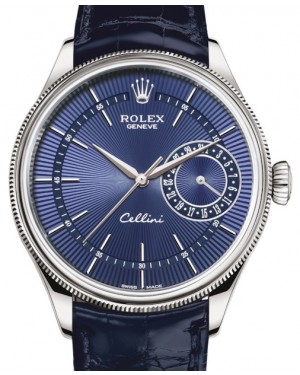 Rolex Cellini Date White Gold Blue Guilloche Index Dial Domed & Fluted  Double Bezel Black Leather Bracelet 50519 - BRAND NEW