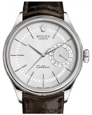 Rolex Cellini Date White Gold Silver Guilloche Index Dial Domed & Fluted Double Bezel Tobacco Leather Bracelet 50519 - BRAND NEW