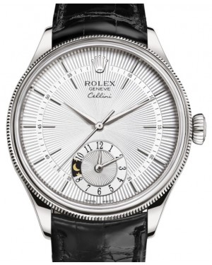 Rolex Cellini Dual Time White Gold Silver Guilloche Index Dial Domed & Fluted Double Bezel Black Leather Bracelet 50529 - BRAND NEW