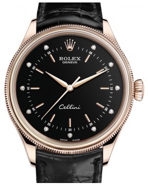 Rolex Cellini Time Rose Gold Black Diamond Dial Domed & Fluted Double Bezel Black Leather Bracelet 50505 - BRAND NEW