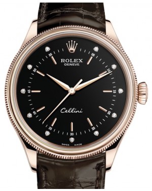 Rolex Cellini Time Rose Gold Black Diamond Dial Domed & Fluted Double Bezel Tobacco Leather Bracelet 50505 - BRAND NEW