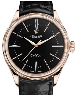 Rolex Cellini Time Rose Gold Black Index / Roman Dial Domed & Fluted Double Bezel Black Leather Bracelet 50505 - BRAND NEW