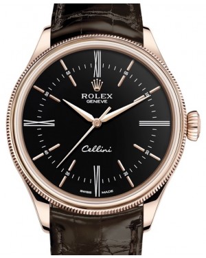 Rolex Cellini Time Rose Gold Black Index / Roman Dial Domed & Fluted Double Bezel Tobacco Leather Bracelet 50505 - BRAND NEW