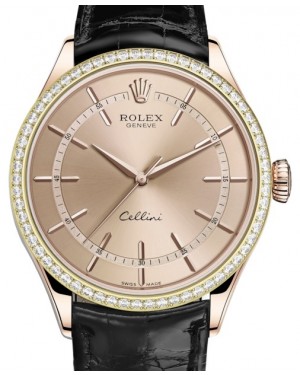 Rolex Cellini Time Rose Gold Pink Index Dial Diamond Bezel Black Leather Bracelet 50705RBR - BRAND NEW