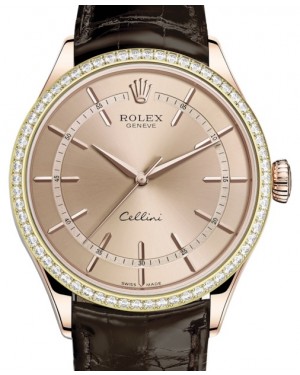 Rolex Cellini Time Rose Gold Pink Index Dial Diamond Bezel Tobacco Leather Bracelet 50705RBR - BRAND NEW