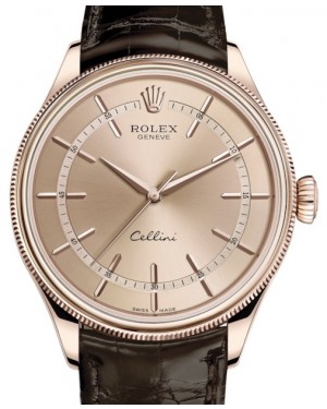 Rolex Cellini Time Rose Gold Pink Index Dial Domed & Fluted Double Bezel Tobacco Leather Bracelet 50505 - BRAND NEW