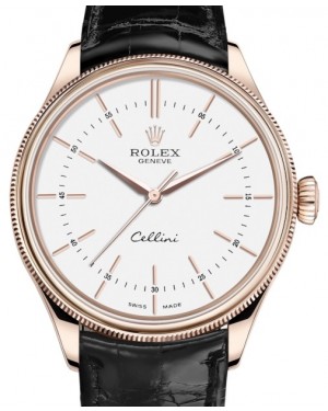 Rolex Cellini Time Rose Gold White Index Dial Domed & Fluted Double Bezel Black Leather Bracelet 50505 - BRAND NEW