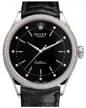 Rolex Cellini Time White Gold Black Diamond Dial Diamond & Fluted Double Bezel Black Leather Bracelet 50609RBR - BRAND NEW