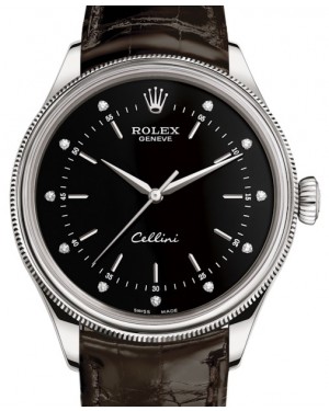Rolex Cellini Time White Gold Black Diamond Dial Domed & Fluted Double Bezel Tobacco Leather Bracelet 50509 - BRAND NEW