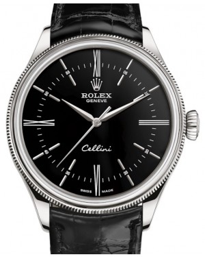 Rolex Cellini Time White Gold Black Index / Roman Dial Domed & Fluted Double Bezel Black Leather Bracelet 50509 - BRAND NEW