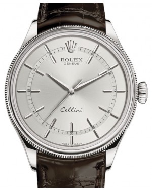 Rolex Cellini Time White Gold Rhodium Index Dial Domed & Fluted Double Bezel Tobacco Leather Bracelet 50509 - BRAND NEW
