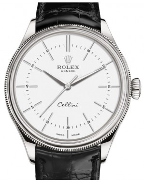Rolex Cellini Time White Gold White Index Dial Domed & Fluted Double Bezel Black Leather Bracelet 50509 - BRAND NEW
