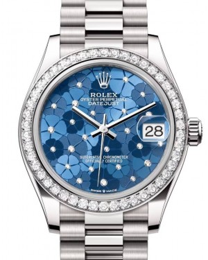 Rolex Datejust 31 White Gold Azzurro Blue Floral Motif Diamond Dial & Diamond Bezel President Bracelet 278289RBR - BRAND NEW
