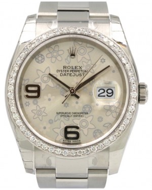  Rolex Datejust 36 White Gold/Steel Silver Floral Dial & Custom Diamond Bezel Oyster Bracelet 126200 (126284RBR) - BRAND NEW