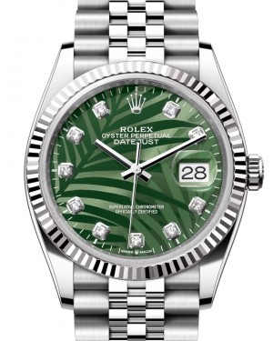 Rolex Datejust 36 White Gold/Steel Olive Green Palm Motif Diamond Dial & Fluted Bezel Jubilee Bracelet 126234 - BRAND NEW