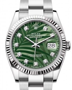 Rolex Datejust 36 White Gold/Steel Olive Green Palm Motif Diamond Dial & Fluted Bezel Oyster Bracelet 126234 - BRAND NEW