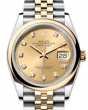Rolex Datejust 36 Yellow Gold/Steel Champagne Diamond Dial & Smooth Domed Bezel Jubilee Bracelet 126203 - BRAND NEW