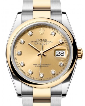 Rolex Datejust 36 Yellow Gold/Steel Champagne Diamond Dial & Smooth Domed Bezel Oyster Bracelet 126203 - BRAND NEW
