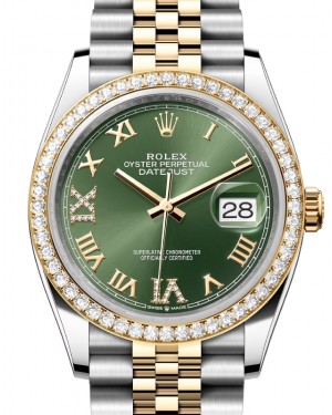 Rolex Datejust 36 Yellow Gold/Steel Olive Green Roman Diamond VIIX Dial & Diamond Bezel Jubilee Bracelet 126283RBR - BRAND NEW