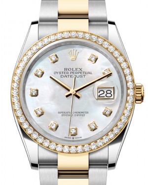 Rolex Datejust 36 Yellow Gold/Steel White Mother of Pearl Diamond Dial & Diamond Bezel Oyster Bracelet 126283RBR - BRAND NEW