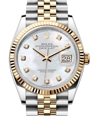 Rolex Datejust 36 Yellow Gold/Steel White Mother of Pearl Diamond Dial & Fluted Bezel Jubilee Bracelet 126233 - BRAND NEW