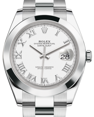 Rolex Datejust 41 Stainless Steel White Roman Dial Smooth Bezel Oyster Bracelet 126300 - PRE-OWNED 