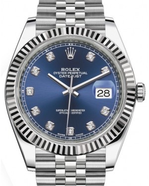 Rolex Datejust 41 White Gold/Steel Blue Diamond Dial Fluted Bezel Jubilee Bracelet 126334 - PRE-OWNED