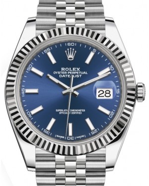 Rolex Datejust 41 White Gold/Steel Blue Index Dial Fluted Bezel Jubilee Bracelet 126334 - PRE-OWNED