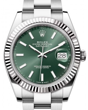 Rolex Datejust 41 White Gold/Steel Mint Green Index Dial Fluted Bezel Oyster Bracelet 126334 - BRAND NEW