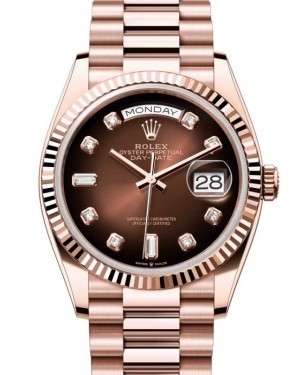 Rolex Day-Date 36 President Rose Gold Brown Ombre Diamond Dial Fluted Bezel 128235