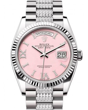 Rolex Day-Date 36 President White Gold Pink Opal Diamond Dial & Bracelet Fluted Bezel 128239