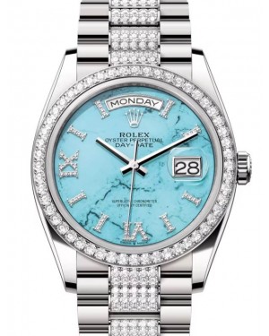 Rolex Day-Date 36 President White Gold Turquoise "Tiffany" Diamond Bezel & Bracelet 128349RBR