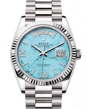 Rolex Day-Date 36 President White Gold Turquoise "Tiffany" Diamond Dial & Fluted Bezel 128239