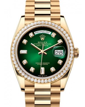 Rolex Day-Date 36 President Yellow Gold Green Ombre Dial Diamond Bezel 128348RBR