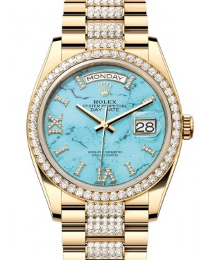 Rolex Day-Date 36 President Yellow Gold Turquoise "Tiffany" Dial Diamond Bezel & Bracelet 128348RBR