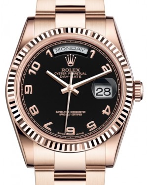 Rolex Day-Date 36 Rose Gold Black Arabic Dial & Fluted Bezel Oyster Bracelet 118235 - BRAND NEW