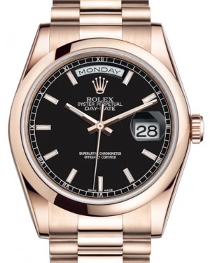 Rolex Day-Date 36 Rose Gold Black Index Dial & Smooth Domed Bezel President Bracelet 118205 - BRAND NEW