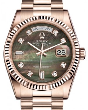 Rolex Day-Date 36 Rose Gold Black Mother of Pearl Diamond Dial & Fluted Bezel President Bracelet 118235 - BRAND NEW