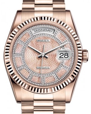 Rolex Day-Date 36 Rose Gold Carousel of Pink Mother of Pearl Diamond Dial & Fluted Bezel President Bracelet 118235 - BRAND NEW