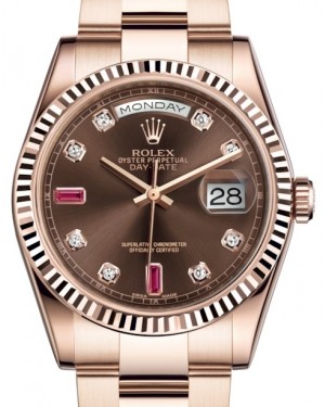 Rolex Day-Date 36 Rose Gold Chocolate Diamond & Rubies Dial & Fluted Bezel Oyster Bracelet 118235 - PRE OWNED