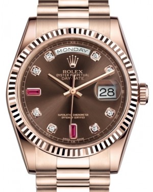 Rolex Day-Date 36 Rose Gold Chocolate Diamond & Rubies Dial & Fluted Bezel President Bracelet 118235 - BRAND NEW
