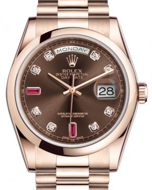 Rolex Day-Date 36 Rose Gold Chocolate Diamond & Rubies Dial & Smooth Domed Bezel President Bracelet 118205 - BRAND NEW