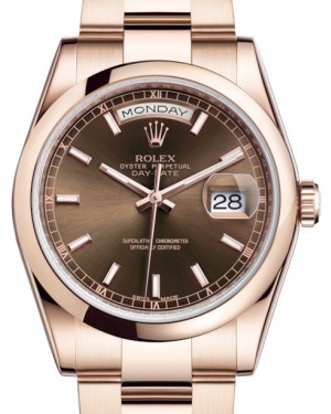 Rolex Day-Date 36 Rose Gold Chocolate Index Dial & Smooth Domed Bezel Oyster Bracelet 118205 - BRAND NEW