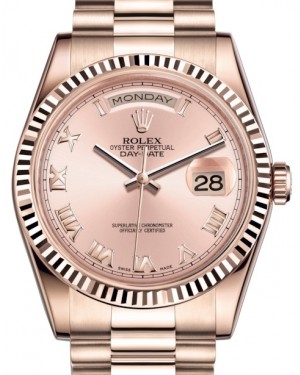 Rolex Day-Date 36 Rose Gold Pink Roman Dial & Fluted Bezel President Bracelet 118235 - PRE-OWNED